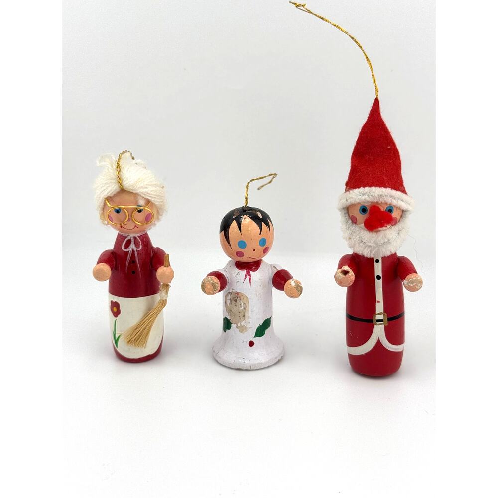 Vintage Lot‎ Of 3 Christmas Ornaments Mr And Mrs Claus Wooden Bisque